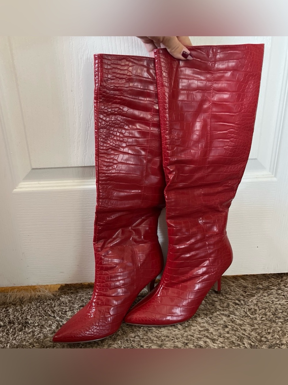 Red Croc-Embossed Over-the-Knee Pointed Toe Boots